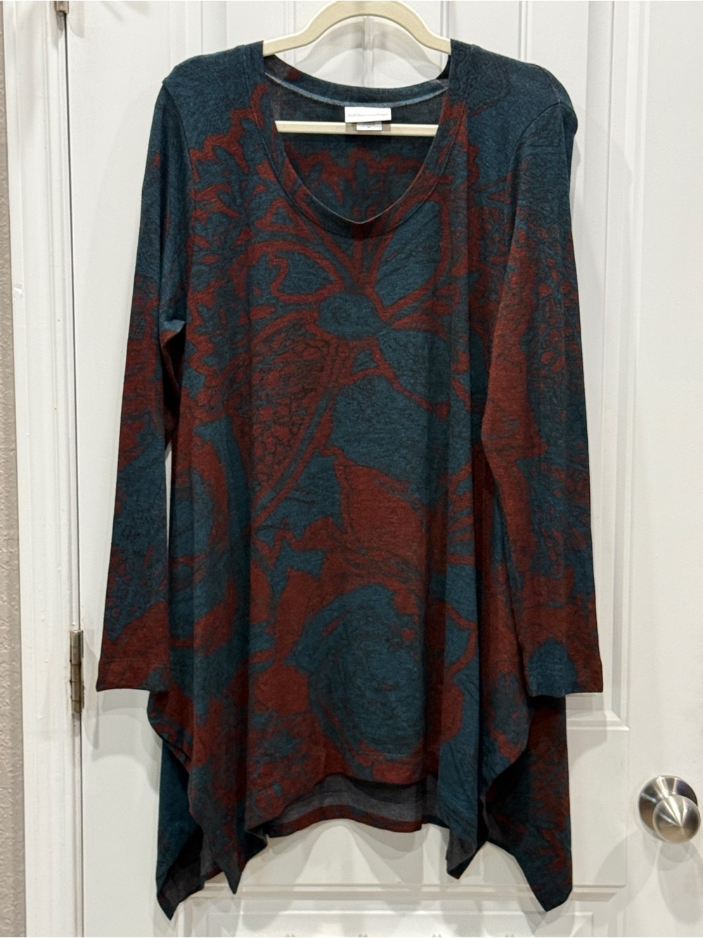 Soft Surroundings Women’s XL Teal & Rust Renaissance Floral Sharkbite Tunic EUC